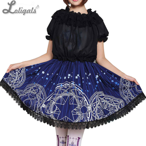 Navy Blue Gothic Short Skirt Japanese Style Magic Circle and Stars Printed Pleated Lolita Skirt