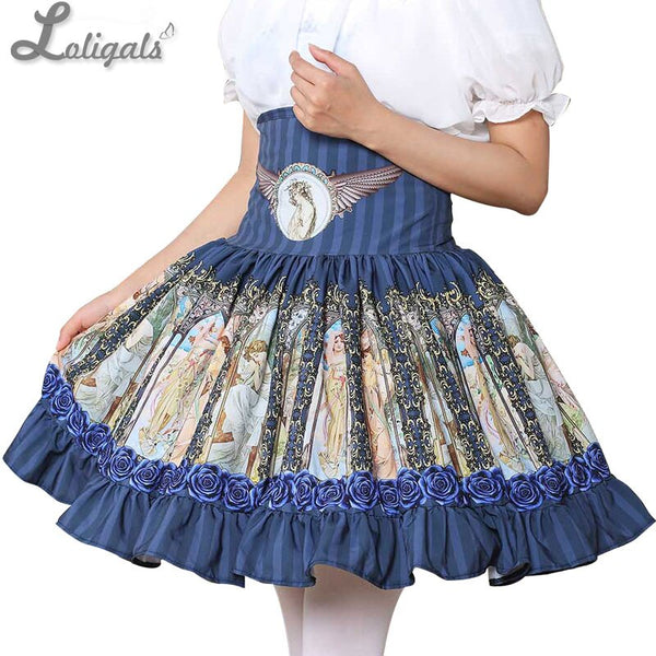 Sweet Mori Girl High Waist Skirt Blue Musha Printed Women's Short Skirt with Ruffles
