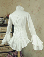 Vintage White/Black High Low Blouse Long Flare Sleeve Ruffled Gothic Victorian Shirt for Women by Lace Garden