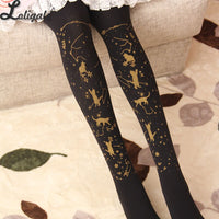 Starry Night Playing Cat ~ Sweet Printed Lolita Pantyhose Gold Stamped Patterned Tights