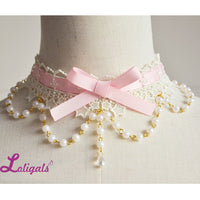 Sweet Lolita Lace Choker with Bowknot Cute Necklace with Beaded Chain