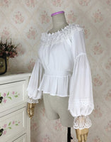 Sweet Women's Long Lantern Sleeve Chiffon Blouse Vintage Off the Shoulder Top