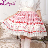 Sweet Pink Lolita Strawberry Printed Lace Pleated Knee Length Skirt for Girl