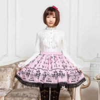 Sweet Mori Girl Pink Bird Cage and Chandelier Printed Short Skirt for Women