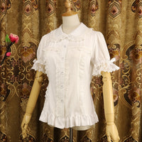 Ladies Short Sleeve Chiffon Blouse White/Black Lolita Button Down Shirt with Detachable Sleeves
