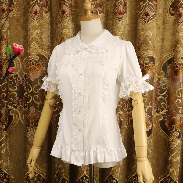 Ladies Short Sleeve Chiffon Blouse White/Black Lolita Button Down Shirt with Detachable Sleeves