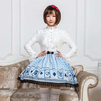Sweet Mori Girl Light Sky Blue Poker Card Printed Short Skirt for Summer