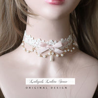 Sweet Lolita Chocker Necklace Cute Bowknot Chocker with Beaded Chain