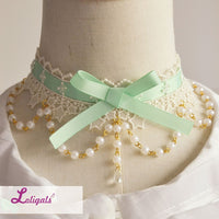 Sweet Lolita Lace Choker with Bowknot Cute Necklace with Beaded Chain