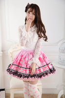 Sweet Pink Japanese Style Clover Leaf Printed Lolita Sweet Princess Skirt for Girl with Ruffled Lace