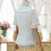 Sweet Lolita Shirt Short Puff Sleeve Flower Embroidered Peter Pan Collar White Ruffle Blouse for Ladies