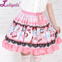 Strawberry & Icecream Printed Short Skirt Sweet Elastic Waist A line Lolita Skirt
