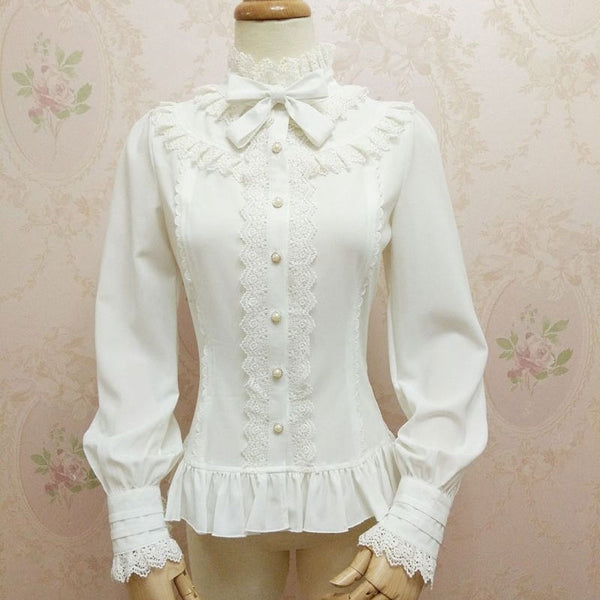 New White Women's Shirt Sweet Lantern Sleeve Lace Ruffled Blouse for Girl by Yiliya