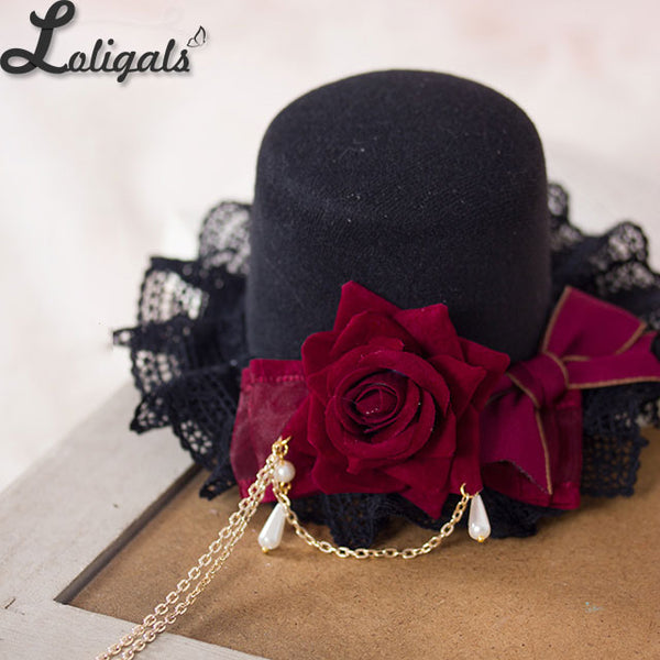 Black and Red Gothic Headband Lolita Rose Cross Mini Tophat KC