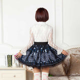 Women's Cute Circle Skirt Deep Blue Star and Moon Printed Short Mori Girl Skirt with Lace Trimming