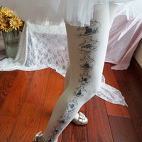 Sweet Women's Patterned Tights Harajuku Castle & Rose Printed Lolita Pantyhose White/Black