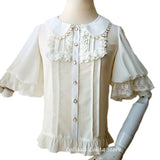 Sweet Short Lantern Sleeve Female Chiffon Blouse Peter Pan Collar Button Down Shirt