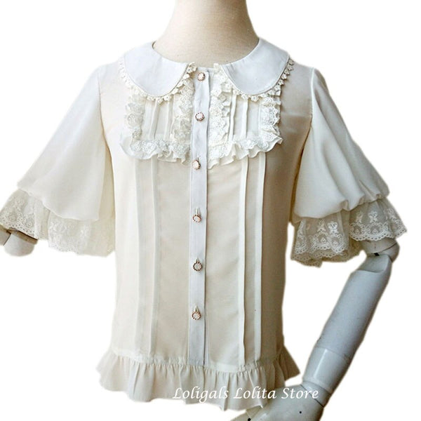 Sweet Short Lantern Sleeve Female Chiffon Blouse Peter Pan Collar Button Down Shirt