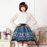 Original Design Rococo Style Blue Lace Snowflakes Printed Short Lolita Pleated Skirt for Lady