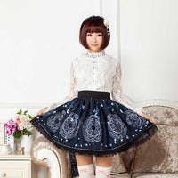 Women's Cute Circle Skirt Deep Blue Star and Moon Printed Short Mori Girl Skirt with Lace Trimming