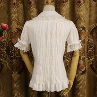 Ladies Short Sleeve Chiffon Blouse White/Black Lolita Button Down Shirt with Detachable Sleeves