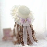 Sweet Lolita Straw Sunhat Mori Girl Caps with Lace & Bowknot Beach Summer Hat