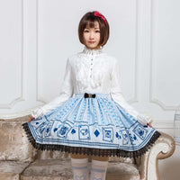 Sweet Mori Girl Light Sky Blue Poker Card Printed Short Skirt for Summer
