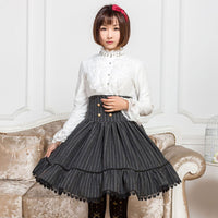Classic Striped High Waist Knee Length Skirt with Lace Trimming