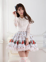 Original Design Sweet Light Blue Christmas Tree and Star Printed Girl's Lolita Pleated Skirt with Lace Trimming