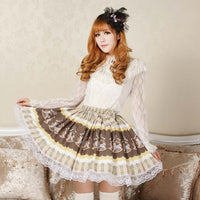 Lolita Sweet Hobbyhorse Printed Khaki Short Lolita Skirt with Lace Trimming