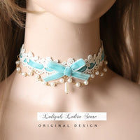 Sweet Lolita Chocker Necklace Cute Bowknot Chocker with Beaded Chain