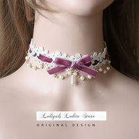 Sweet Lolita Chocker Necklace Cute Bowknot Chocker with Beaded Chain
