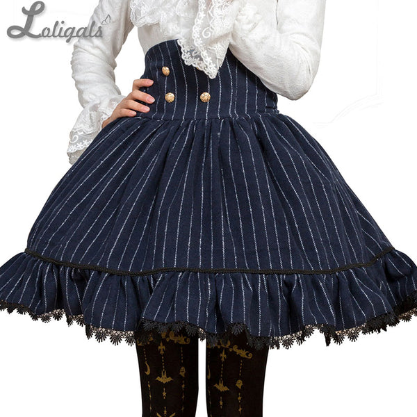Classic Striped High Waist Knee Length Skirt with Lace Trimming