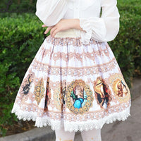 Harajuku Baroque Printed Short Skirt Mori Girl A line Elastic Waist Skirt
