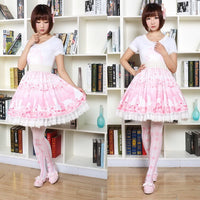 Sweet Soft Girl Short Skirt Pink Cherry Blossoms and Cat Printed Ruffled Lolita Skirt