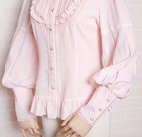 Sweet Girl's Chiffon Blouse Pink Long Puff Sleeve Women's Shirt with Ruffles