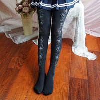 Sweet Women's Patterned Tights Harajuku Castle & Rose Printed Lolita Pantyhose White/Black