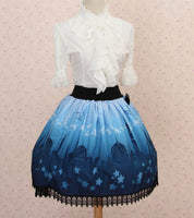 Sweet Princess Blue Moonlight Castle Printed Pleated Lolita A Line Skirt with Lace Trim and Bow