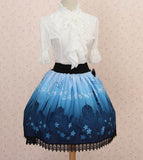 Sweet Princess Blue Moonlight Castle Printed Pleated Lolita A Line Skirt with Lace Trim and Bow