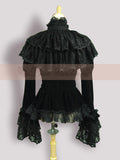 Vintage Black Velvet Women's Jacket Long Flare Sleeve Top with Layered Lace Ruffle Cape by Lace Garden