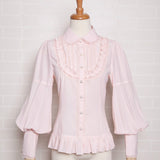 Sweet Girl's Chiffon Blouse Pink Long Puff Sleeve Women's Shirt with Ruffles