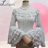 Retro Style Long Flare Sleeve Lolita Lace Blouse Women's Plus Size Chiffon White Shirt with Layered Lace Ruffles