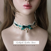 Sweet Lolita Chocker Necklace Cute Bowknot Chocker with Beaded Chain