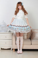 Japanese Cute Pleated Short Lolita Skirt Sweet Princess Tea Party Printed Pleated Skirt with Lace Trimming