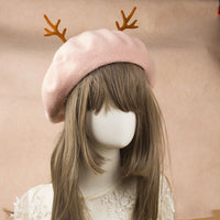 Sweet Women's Red Christmas Berets Deerhorn Wool Beret Hat for Girl
