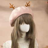 Sweet Women's Red Christmas Berets Deerhorn Wool Beret Hat for Girl
