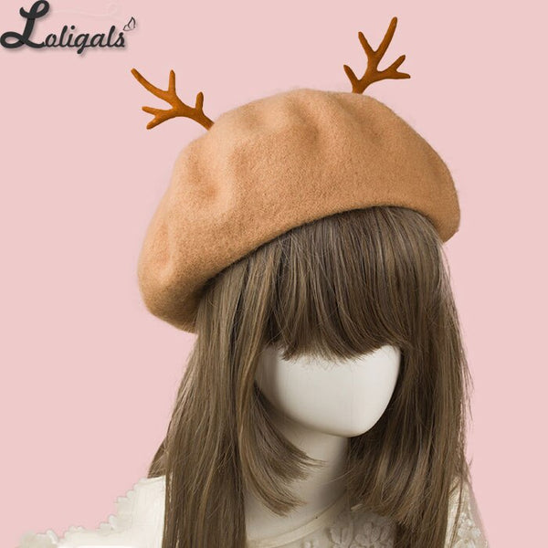 Sweet Women's Red Christmas Berets Deerhorn Wool Beret Hat for Girl