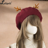 Sweet Women's Red Christmas Berets Deerhorn Wool Beret Hat for Girl