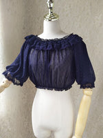 Sweet Women's Off the Shoulder Crop Top Bishop Sleeve Dotted Sheer Chiffon Blouse for Summer