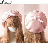 Sweet Women's Lolita Sailor Beret Gothic Wool Beret Hat with Lovely Bows for Winter
